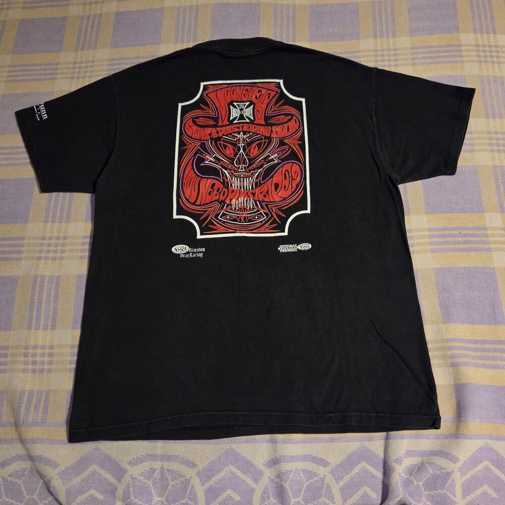 Vintage Mooneyes Equip T Shirt Pinstripe Signs Jim Dunn Logo NHRA Winston Racing